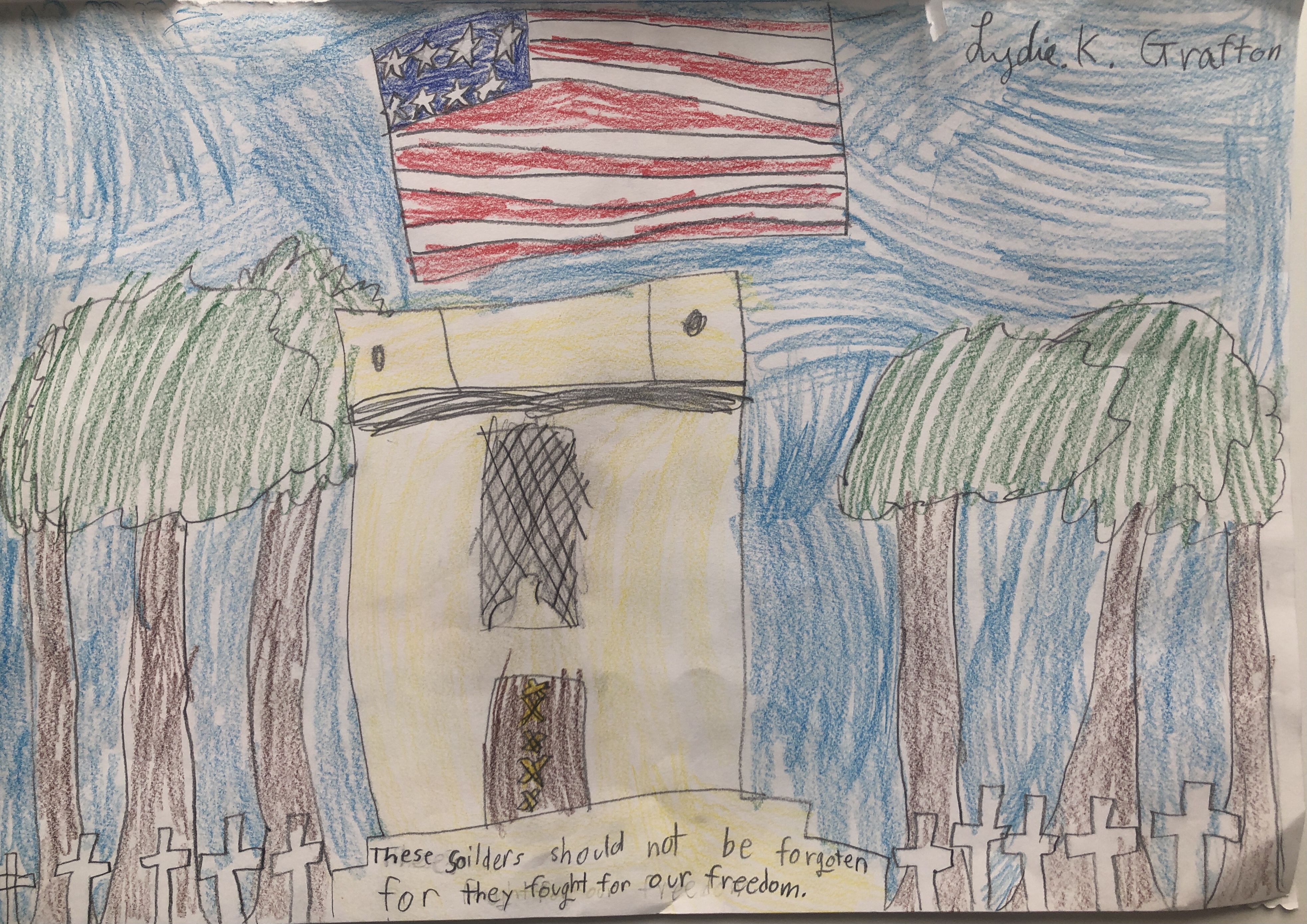 Lydia Grafton (age 8) created this artwork to represent the need to remember and honor our soldiers. "They should not be forgotten, for they fought for our freedom". Lydia Grafton tribute